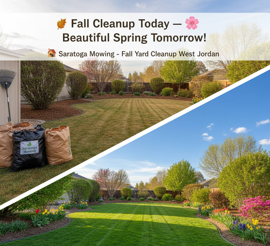 A split-image or GIF showing a meticulously clean, winter-prepped West Jordan backyard in autumn (after fall cleanup), transitioning to the same yard vibrant and blooming in spring, illustrating the benefits.