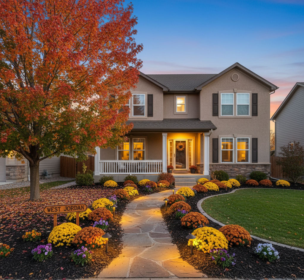 West Jordan home with new mulch, pathway lighting, and fall flowers showing boosted curb appeal.
