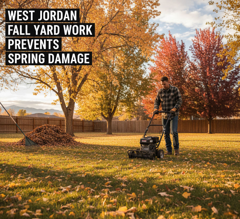 Homeowner in West Jordan performing fall yard cleanup to prevent snow mold and spring brown patches.