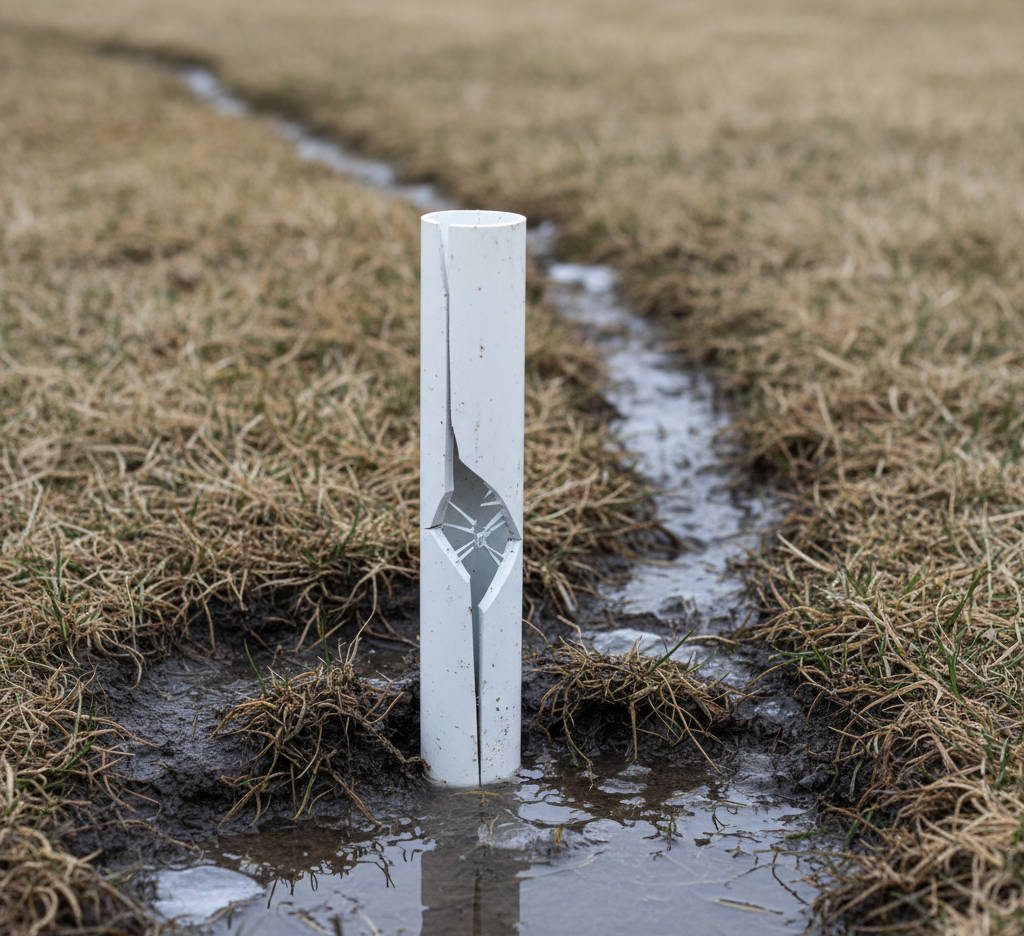 A close-up image of a cracked or burst PVC sprinkler pipe emerging from a patch of dead grass or mud, subtly hinting at a West Jordan winter, symbolizing the unseen damage of an un-winterized irrigation system.