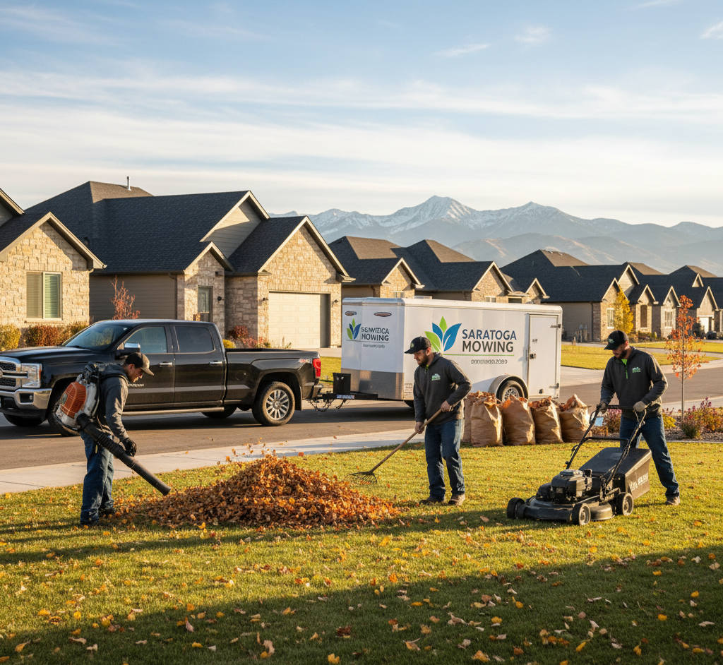 Saratoga Mowing team performing a professional fall leaf cleanup in Saratoga Springs, Utah with rakes, blowers, and mowers during a sunny autumn afternoon.