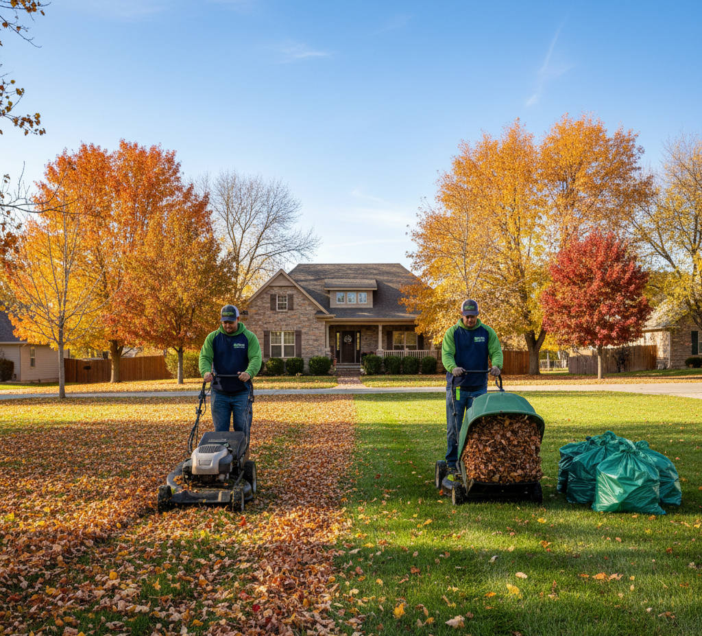 Lawn care team in Saratoga Springs, Utah demonstrating the difference between bagging and mulching fall leaves.