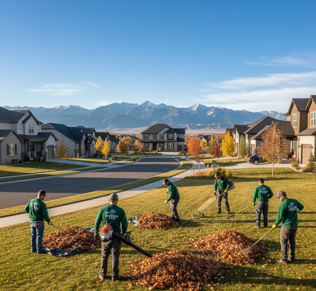 Saratoga Mowing team performing a 3-hour fall leaf cleanup in Saratoga Springs, Utah with rakes and leaf blowers.