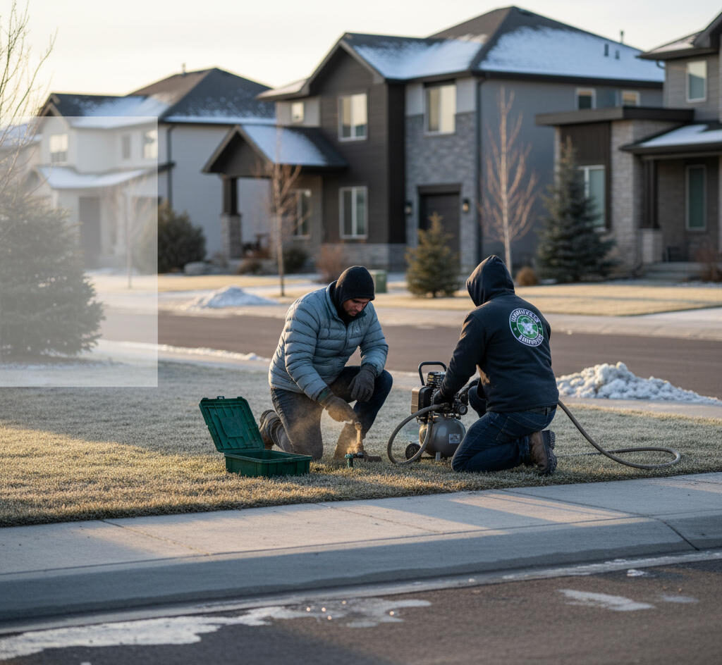 Technician performing sprinkler blowout in Utah to prevent freeze damage