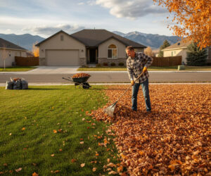 Utah homeowner clearing fall leaves to prepare lawn for greener spring growth.