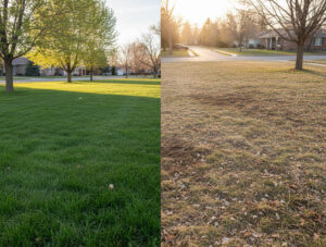 Side by side comparison of two Utah lawns, one healthy and green, one patchy and brown.
