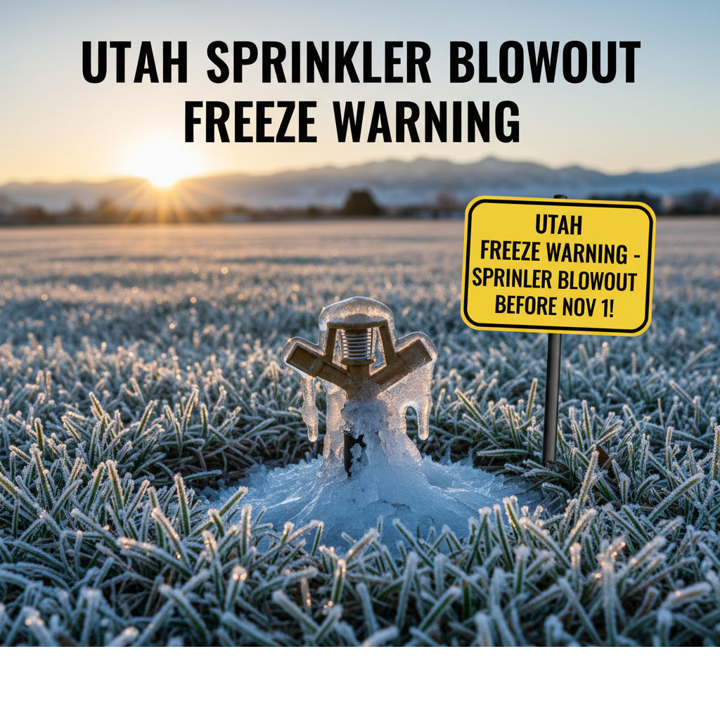 Early frost forming on a Utah lawn with a sprinkler head visible, showing the danger of waiting until November for a blowout.
