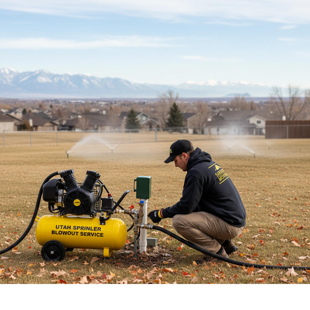 Technician performing a fall sprinkler blowout in Utah using professional air compression equipment.