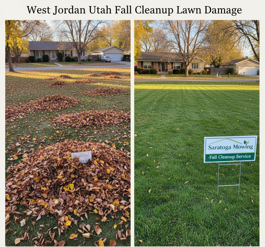 West Jordan lawn covered in fallen leaves showing damage from neglecting fall cleanup.