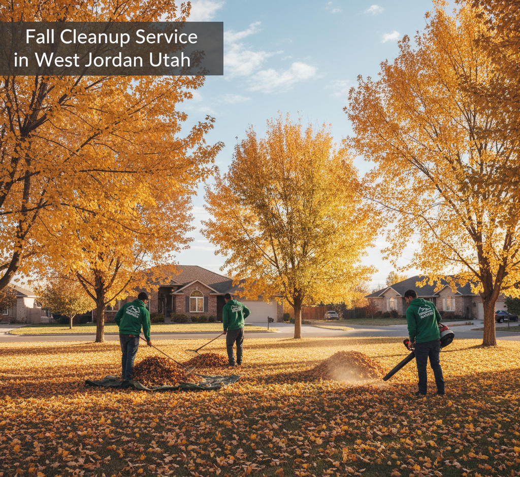 Saratoga Mowing crew raking and blowing leaves from a West Jordan lawn before winter.