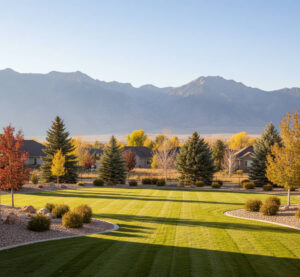 Fall landscaping in Eagle Mountain, Utah showing a clean yard with trimmed shrubs, fresh leaf removal, and the Wasatch Mountains softly blurred in the background.