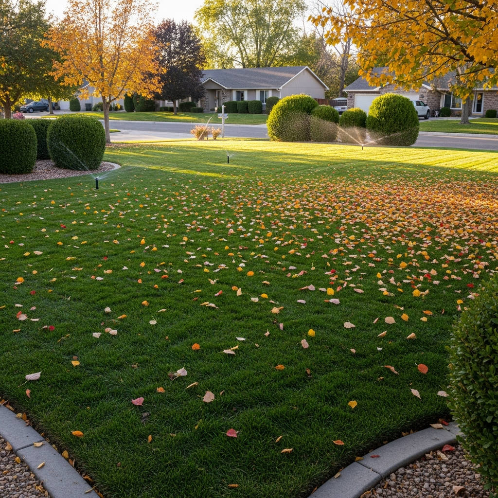 Fall lawn maintenance including leaf removal and winter preparation in Saratoga Springs, Utah