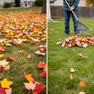 Utah lawn with leaves being removed to prevent winter grass damage.