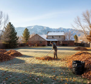 Utah lawn being cleared of fall leaves to prevent winter damage.
